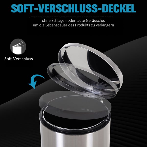HOMCOM 30L Mülleimer, Ø29,2 x 62,5 cm, Edelstahl, Silber