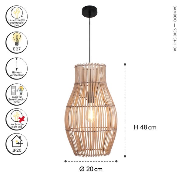 Bambus Pendelleuchte, 48 Zentimeter hoch, 20 Zentimeter Durchmesser, E27, höhenverstellbar, Smart Home geeignet, ohne Leuchtmittel, IP20.