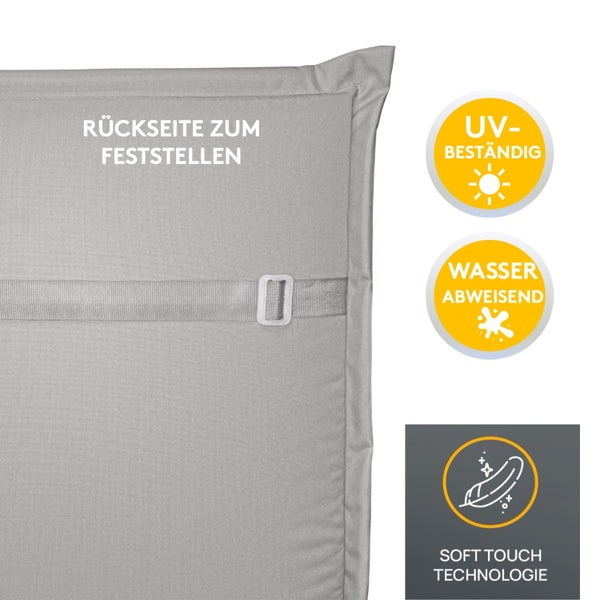 Graues Polsterkissen mit verstellbarem Halteband hinten und Logos für UV-Beständigkeit, Wasserabweisung und Soft-Touch-Technologie.