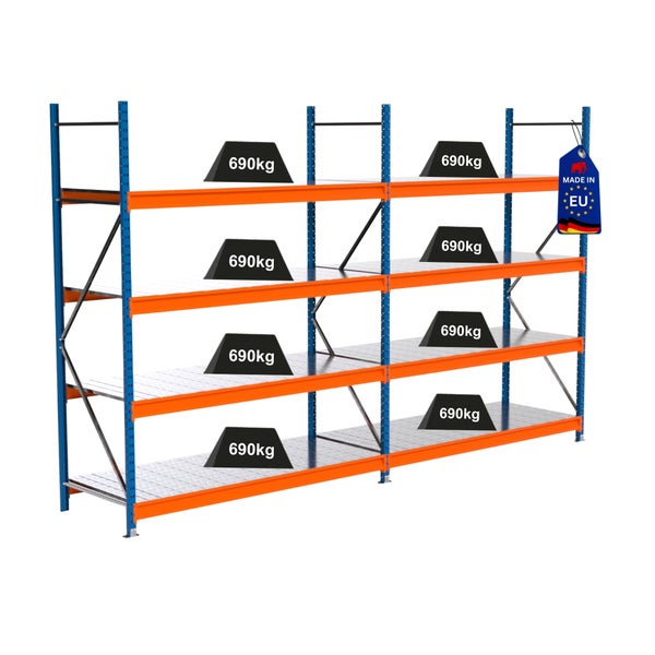 Regalsystem mit Gewichtsangabe 690 Kilogramm und Herkunftshinweis Europäische Union