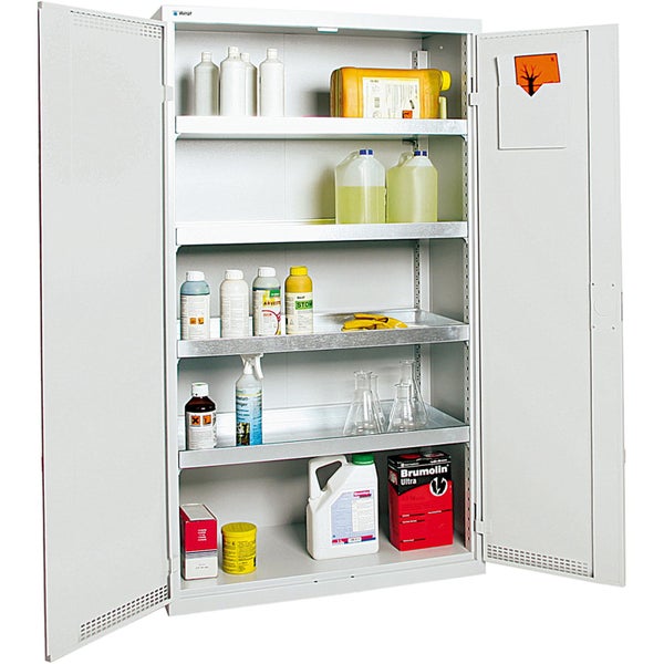 Gefahrstoffschrank mit Fächern und verschiedenen Behältern