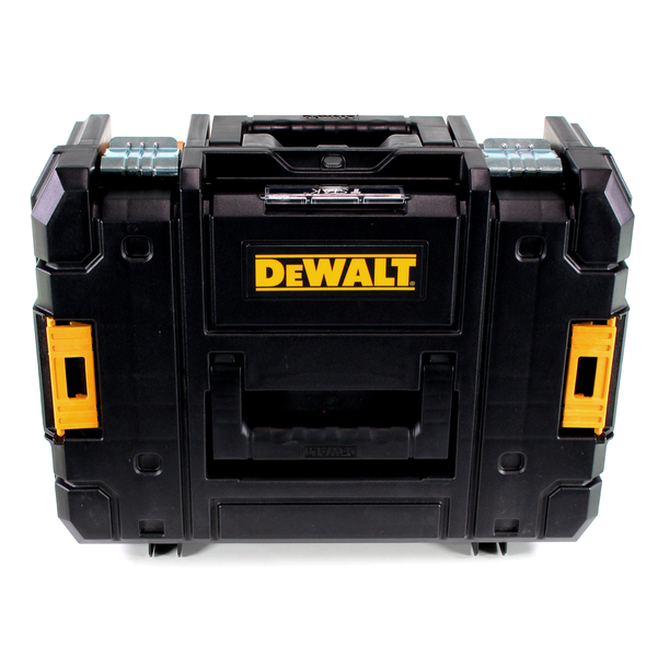 Schwarzer DeWALT Werkzeugkoffer aus Kunststoff mit gelben Verschlüssen und silbernen Metallscharnieren. DeWALT Logo.