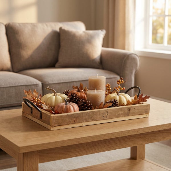 Holztablett mit herbstlicher Dekoration aus Kürbissen, Tannenzapfen, Kerzen und getrockneten Blättern auf einem Couchtisch im Wohnzimmer.