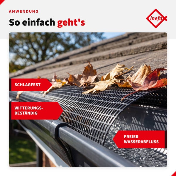 Inefa Laubschutzgitter an einer Dachrinne mit trockenem Laub, das Schlagfestigkeit, Witterungsbeständigkeit und freien Wasserabfluss demonstriert.