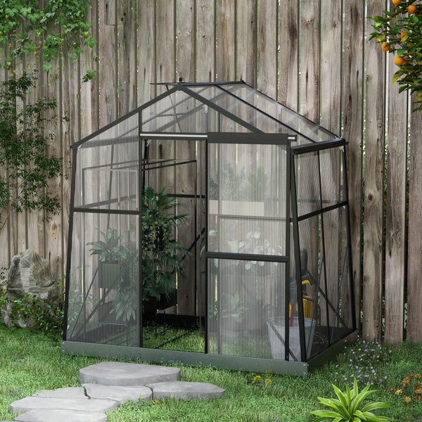 Outsunny Gewächshaus Aluminium 131 x 192 x 203 cm Treibhaus 2,51 m² Tomatenhaus mit Fenster, Schiebetür, Fundament, Aufzucht Pflanzenhaus für Garten, Balkon, Schwarz