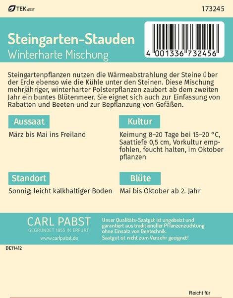 Rückseite der Samentüte für Steingarten-Stauden, winterharte Mischung von Carl Pabst mit Informationen zu Aussaat, Kultur, Standort und Blüte.