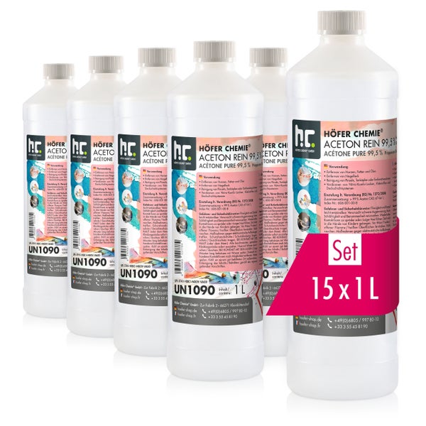 Set mit 15 Flaschen Höfer Chemie Aceton Rein 99,5% mit je einem Liter Inhalt