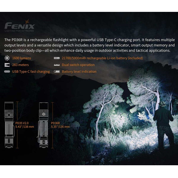 Fenix PD36R LED-Taschenlampe mit 5000mAh Akku 21700, mit USB-C Ladekabel