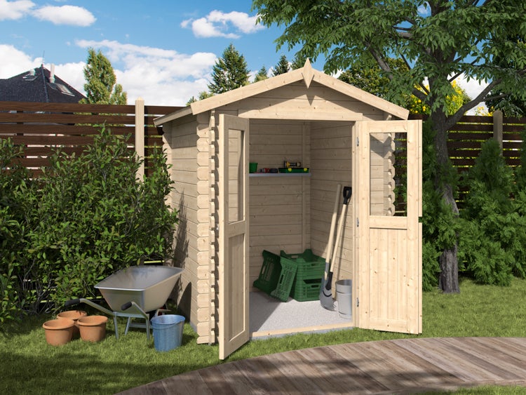 Offenes Gartenhaus aus Naturholz im Garten mit Schubkarre, Töpfen und Gartengeräten.