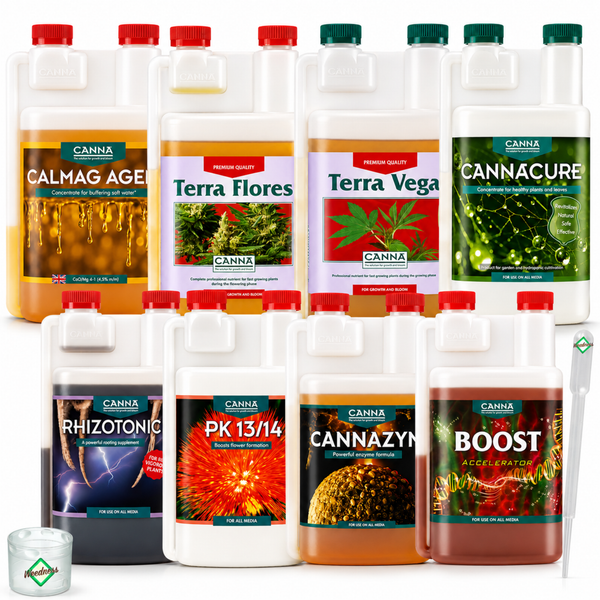 Set mit verschiedenen Canna Pflanzennährstoffen und Düngemitteln in Kunststoffflaschen inklusive Dosierhilfe für Garten und Hydrokultur.