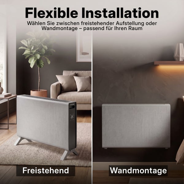 Dimplex Konvektor für freistehende Aufstellung oder Wandmontage in einem Wohnraum dargestellt.