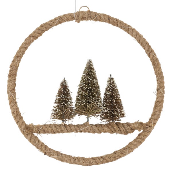 ECD Germany LED Jute Kranz Ø37cm mit 50 warmweißen LEDs, Deko Weihnachtskranz mit 3 Tannen, Jutesäckchen, batteriebetrieben und Timer, Hängekranz aus Seil, Lichterkranz Türkranz Weihnachtsdeko Innen