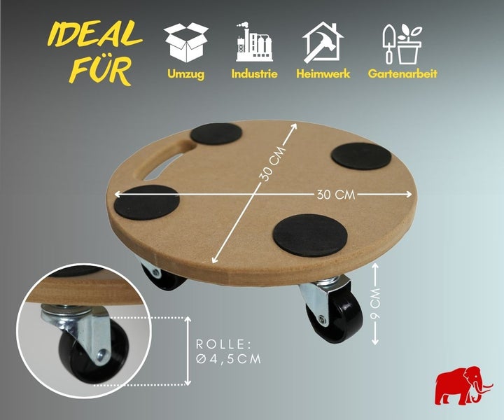 Runder Holz-Transportroller, 30 Zentimeter Durchmesser, 9 Zentimeter Höhe. Ideal für Umzug, Industrie, Heimwerk, Garten. Mammut Logo.