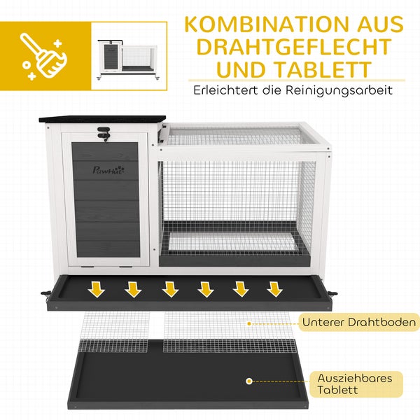 PawHut Kaninchenstall aus Holz Hasenstall mit Freilaufgehege Rädern Klappdach Ausziehbarem Tablett Metallgitter Winterfest Meerschweinchenstall Kaninchenkäfig für Innen, draußen 92x52x67 cm Dunkelgrau