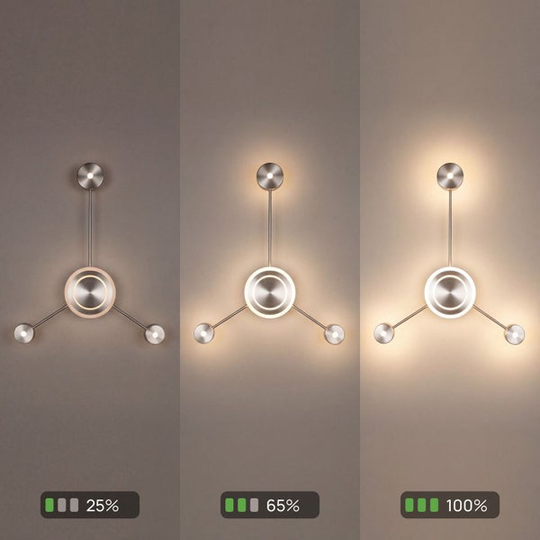 Dimmbare Wandleuchte aus Metall mit drei Helligkeitsstufen von 25 Prozent, 65 Prozent und 100 Prozent.