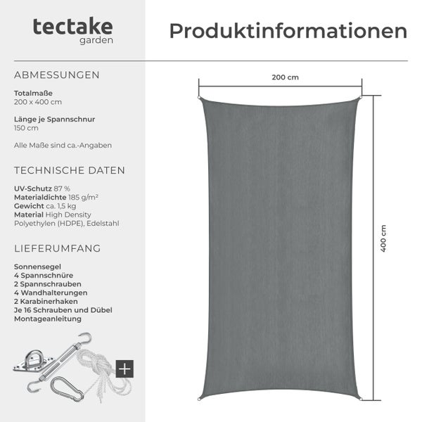 Tectake Sonnensegel rechteckig 200 x 400 cm mit Zubehör