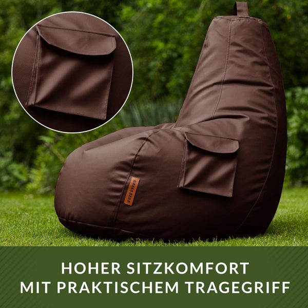 Green Bean Sitzsack aus Kunstleder mit EPS Perlen Füllung - 90 x 80 x 70 cm - Bean Bag Sitzkissen Sitzpuff Sitzsessel Bodenkissen Lounge Gaming Chair Rückenlehne - Dunkelbraun