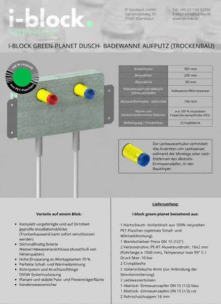 Infografik zum i-block Green Planet Dusch- und Badewannen-Installationsblock aus recyceltem Kunststoff mit Maßen und Lieferumfang.