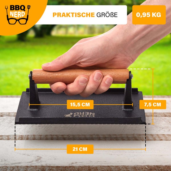 BBQ Nerd Fleischpresse aus Gusseisen mit Holzgriff - 21x11 cm rechteckig | Fleischbeschwerer Burgereisen Grillpresse | Grillgewicht für BBQ Fleisch, Steak, Bacon, Käse, Sandwiches etc.
