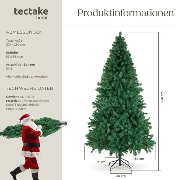 Kunstweihnachtsbaum von tectake Home mit Maßangaben, Höhe 230 cm, Breite 130 cm, Ständer 56 cm, aus Stahl, Polyvinylchlorid und Polypropylen.
