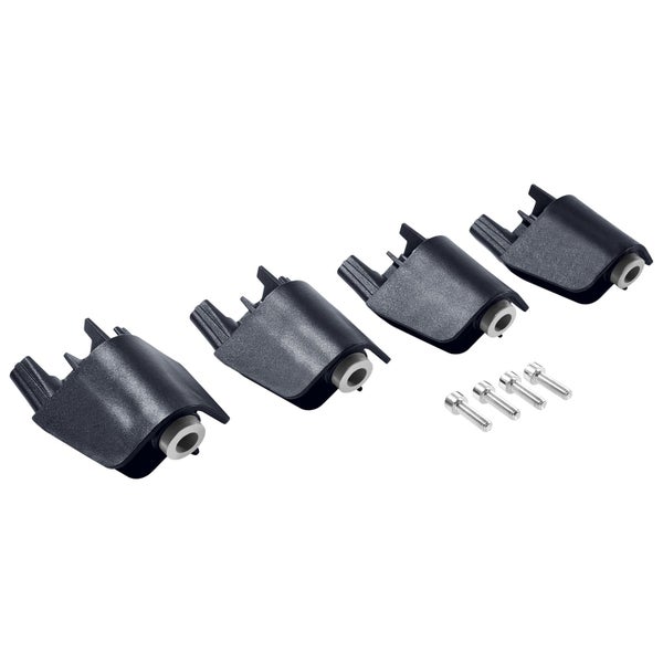 Vier schwarze Kunststoffteile mit grauen Einsätzen und vier silberfarbene Metallschrauben.