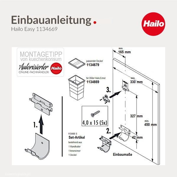 Einbauanleitung für Hailo Easy Abfalleimer inklusive Montageskizze und Maßangaben für die Schrankmontage.