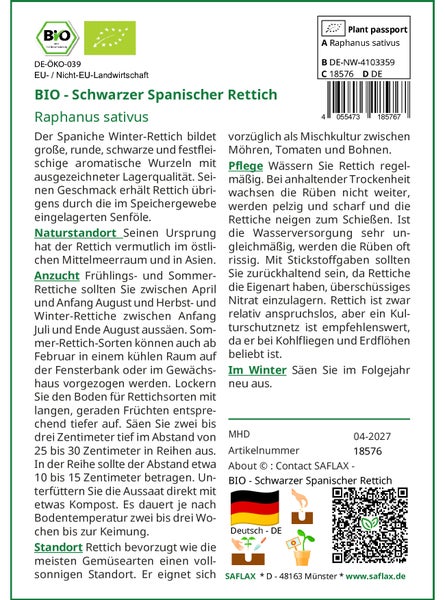 SAFLAX Geschenk Set - BIO - Schwarzer Spanischer Rettich - Raphanus sativus - 100 Samen - Mit Geschenkbox, Versandaufkleber, Geschenkkarte und Anzuchtsubstrat