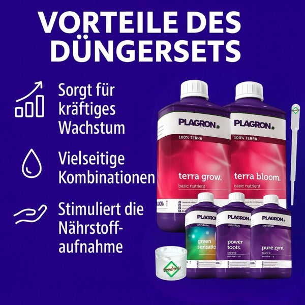 Düngerset mit Wachstums- und Blütedünger sowie weiteren Zusatzstoffen für Pflanzen