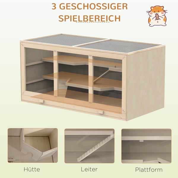 PawHut Zwerghamsterkäfig Nagerkäfig Kleintierstall aus Holz Mäusekäfig mit Treppen Kleintierkäfig Nagervilla Dreistöckig Naturholz 115 x 57 x 55 cm