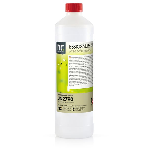 Essigsäure 60 Prozent in einer weißen Plastikflasche mit rotem Deckel