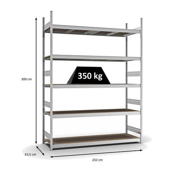 PROREGAL Weitspannregal Stecksystem T-Profil Grundregal HxBxT 300x225x60 cm 5 Ebenen Spanplatten Fachboden Fachlast 350 kg Verzinkt