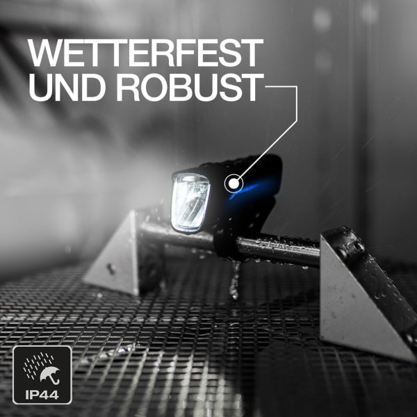 Wetterfeste und robuste LED Fahrradlampe mit IP44 Schutz gegen Spritzwasser bei Nässe.