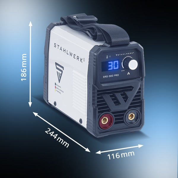 STAHLWERK SRG-300 PRO Schweißgerät mit den Maßen 186 mm Höhe, 244 mm Länge und 116 mm Breite