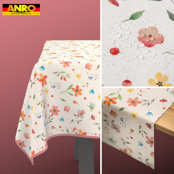 Wasserabweisende Tischdecke mit Blumenmuster, ANRO Logo, Detailansicht der Oberfläche mit Wassertropfen.