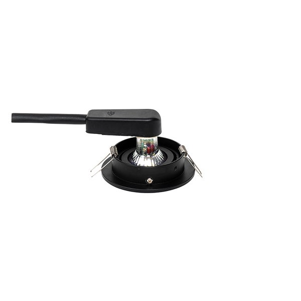 Schwarzer Einbaustrahler mit Kabelanschluss und seitlichen Federklemmen.