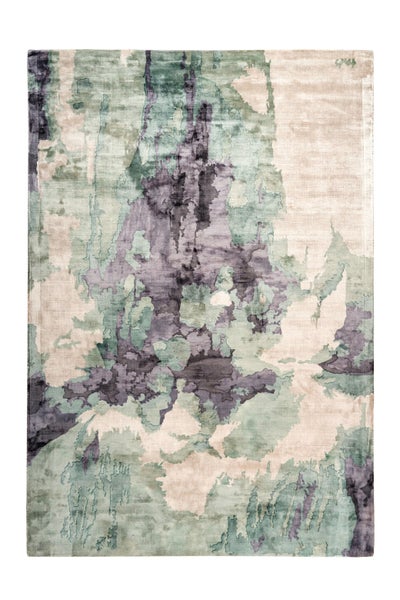 Moderner rechteckiger Teppich mit abstraktem Muster in Grün, Lila und Beige.