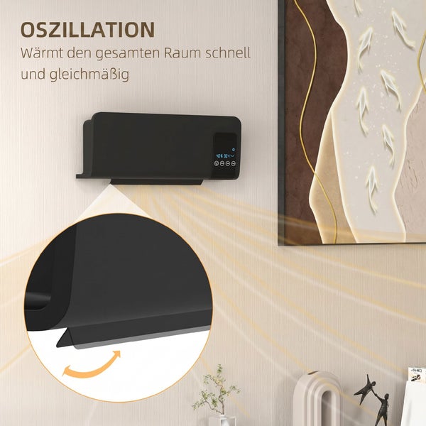 Wandheizlüfter mit Oszillationsfunktion zur schnellen und gleichmäßigen Raumbeheizung mit digitalem Display zur Temperatursteuerung.