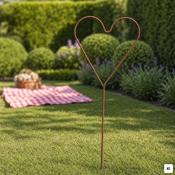 Herzförmiger Gartenstecker aus Metall in Rostoptik auf einer Rasenfläche in einem Garten mit Picknick-Szenario im Hintergrund.
