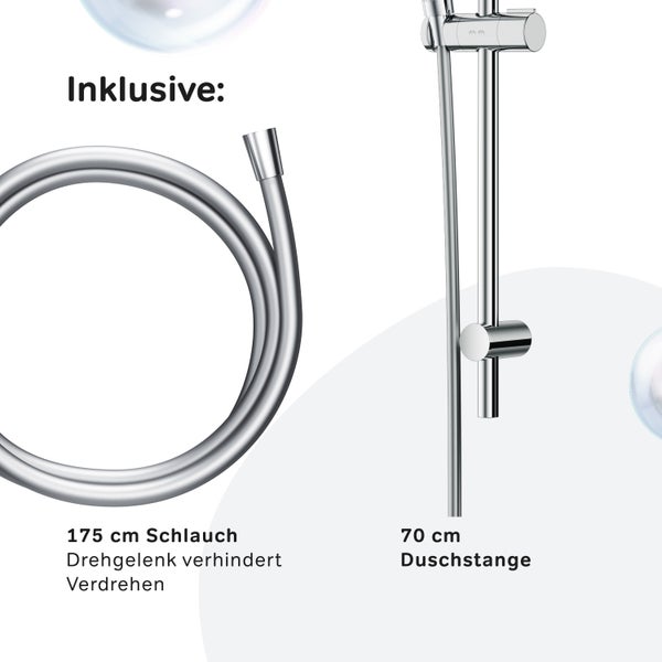 Duschset bestehend aus einer 70 Zentimeter Duschstange und einem 175 Zentimeter Brauseschlauch mit Verdrehschutz.