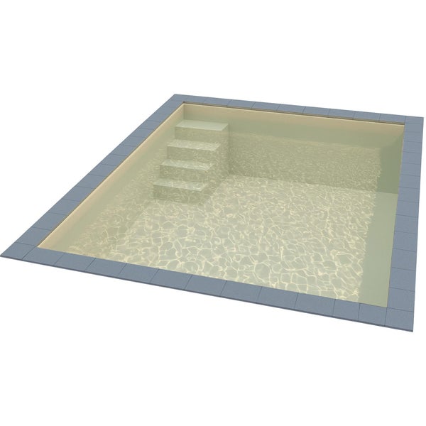 Sandfarbene Poolfolie mit integrierter Ecktreppe und grauen Randsteinen.