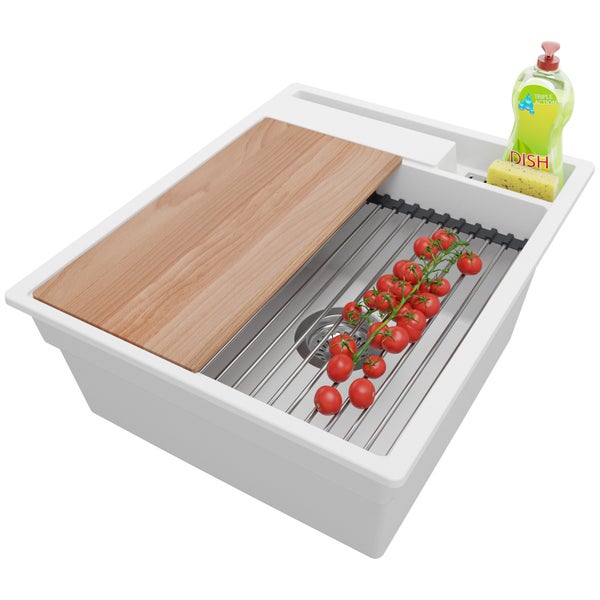 PRIMAGRAN Spülbecken Weiß 43x53cm, Granitspüle 1 Becken + Ablauf-Set + Küchenzubehörset, Küchenspüle ab 45er Unterschrank - Oslo Pocket