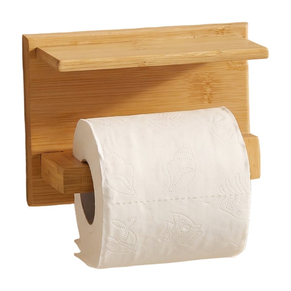 Toilettenpapierhalter aus Bambus zur Wandmontage mit integrierter Ablage.