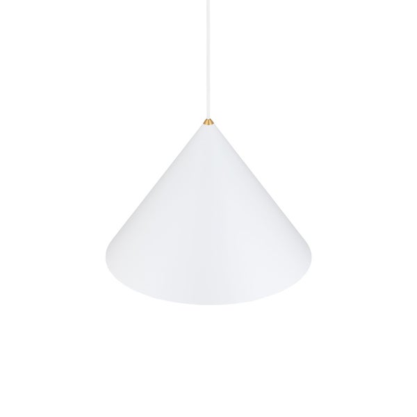 Moderne kegelförmige Pendelleuchte mit weißem Schirm und goldfarbenem Akzent am Kabel.
