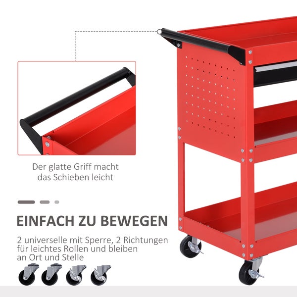 HOMCOM, Werkstatt-Rollwagen, Werkzeugwagen, 82L x 35B x 76H cm, Stahl, Schwarz+rot