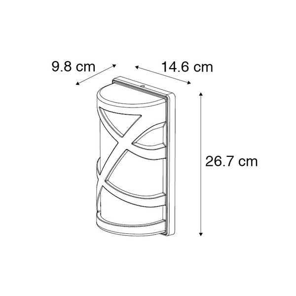 Technische Zeichnung einer Außenwandleuchte mit den Maßen: Höhe 26,7 Zentimeter, Breite 14,6 Zentimeter und Tiefe 9,8 Zentimeter.