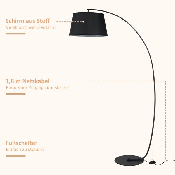 Bogenlampe mit Stoffschirm und Fußschalter