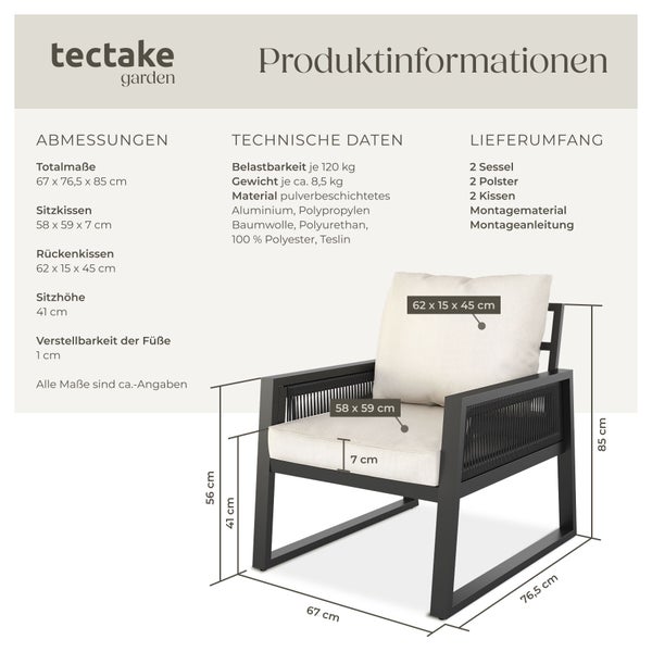 Produktinformationen für tectake garden Sessel mit Abmessungen 67 mal 76,5 mal 85 Zentimeter, technischen Daten und Lieferumfang von 2 Sesseln.