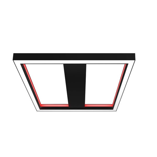 Quadratische LED-Deckenleuchte in Schwarz mit weißen Leuchtflächen und rotem Farbakzent.
