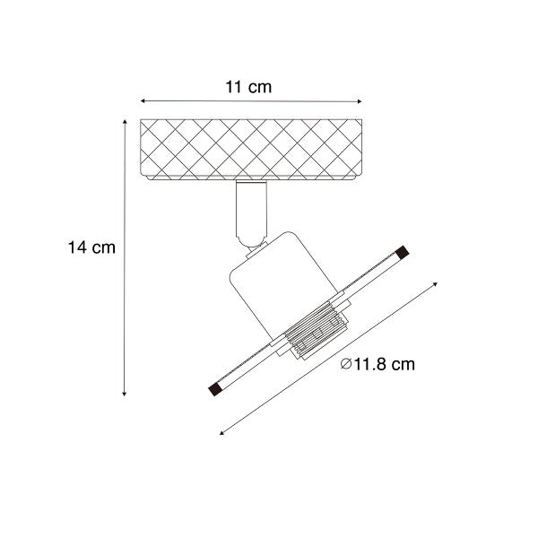 Technische Zeichnung einer Deckenleuchte mit den Maßen 11 cm, 14 cm und 11,8 cm