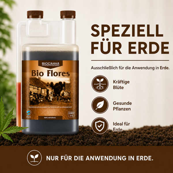 Biocanna Bio Flores Blumendünger für die Anwendung in Erde in einer Dosierflasche.
